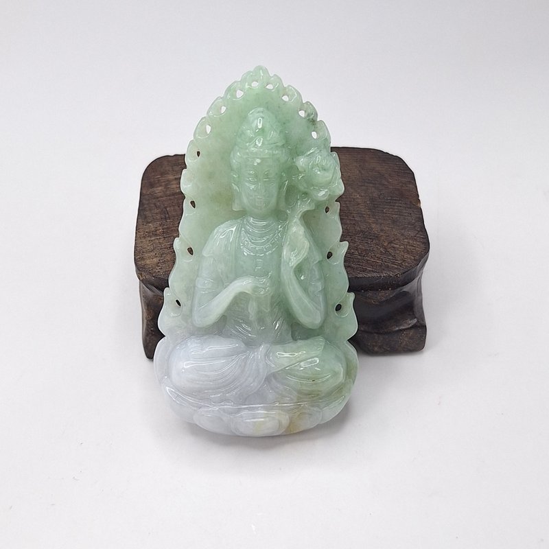 Ice fine and waxy old material three-color lotus Guanyin pendant | Natural Burmese jade A grade jade - Necklaces - Jade 