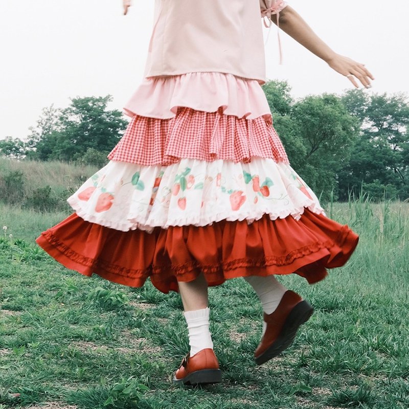 Meugler Niu Chou Island Animal Paradise Pink Strawberry Cardigan Multi-layer Stitching Lolita Cake Skirt - Skirts - Other Materials Multicolor