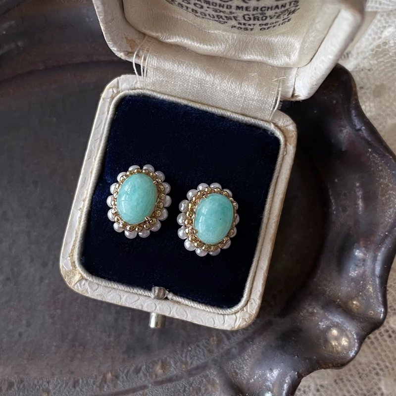 14kgf Amazonite and vintage pearl oval earrings OR brass ear clips - ต่างหู - เครื่องเพชรพลอย สีน้ำเงิน