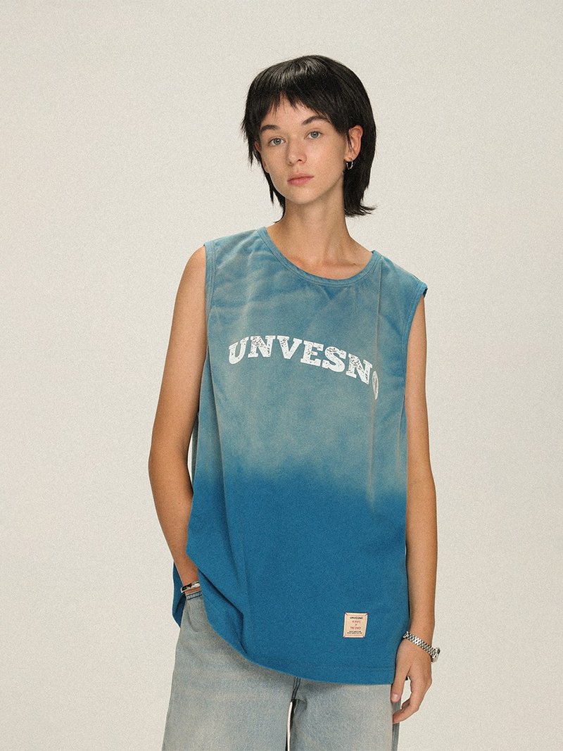 UNVENSO 迷霧復古做舊炒花印花純棉基礎背心logo潮牌街頭SWS-1567 - 男背心 - 棉．麻 藍色