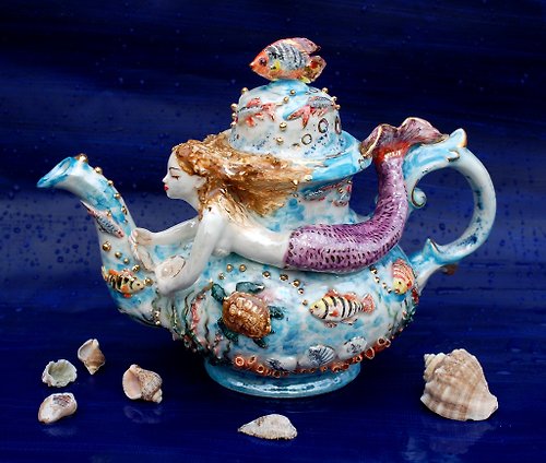 PorcelainShoppe 美麗的茶壺美人魚雕像瓷器藝術茶壺雕像海妖