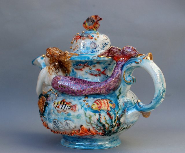 Tan store Porcelain Flowing Mermaids Teapot Unique Sculpted Selki Lid