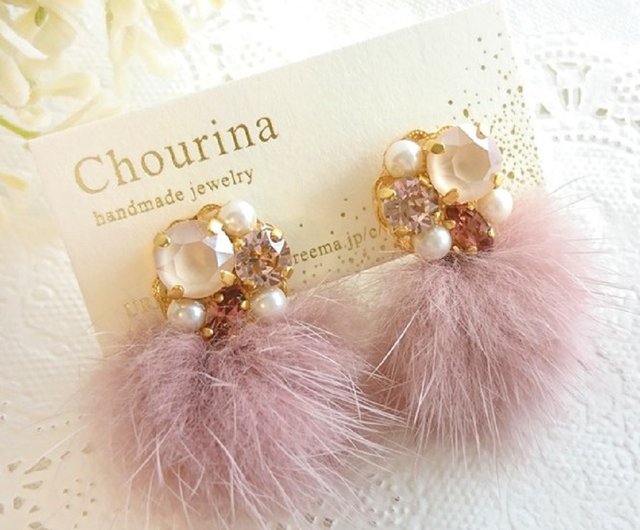 ミンクファービジューイヤリング、ピアス - ショップ chourina ピアス