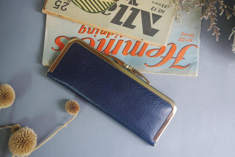 昭和古董深藍皮革財布口金包 - 零錢包/小錢包 - 真皮 藍色