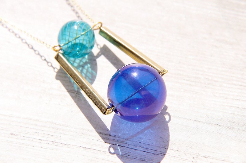 / Geometric style / French stripe mouth blown glass necklace short chain long chain clavicle chain-blue gravitational universe planet - Long Necklaces - Glass Blue