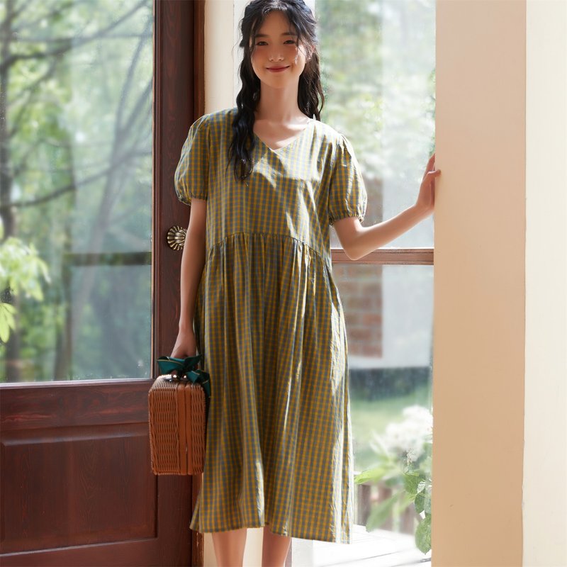 Cotton yellow check short-sleeved waist gathered dress - ชุดเดรส - ผ้าฝ้าย/ผ้าลินิน 