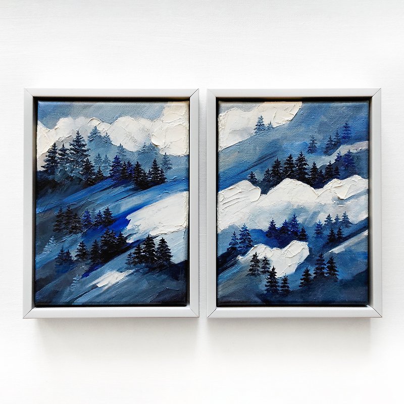 冬の絵画霧のオリジナルアート風景ディプティク油絵2セットウォールアート - ポスター・絵 - その他の素材 ブルー