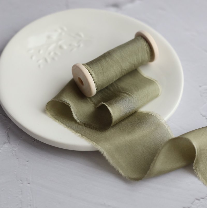 Artichoke Silk Ribbon / Hand Dyed Silk ribbon on Wood Spool - วัสดุห่อของขวัญ - ผ้าไหม สีเขียว