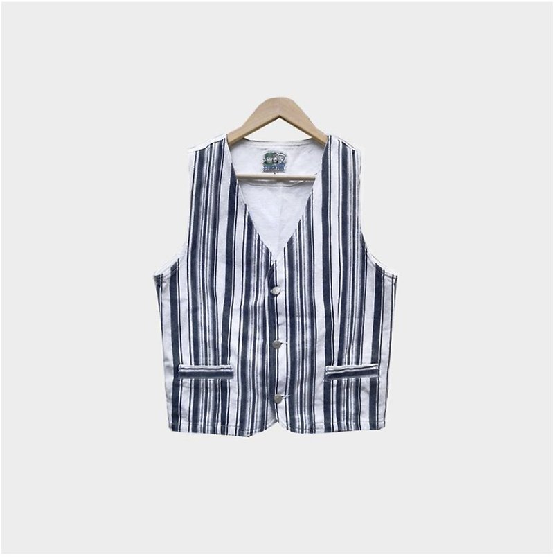 Dislocation vintage / striped cowboy vest no.055 - เสื้อกั๊กผู้หญิง - ผ้าฝ้าย/ผ้าลินิน ขาว