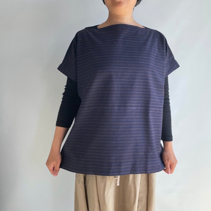 【三河木綿】横づかいの幅広プルオーバー 袖付き -紺に辛子と茶のストライプ - 女上衣/長袖上衣 - 棉．麻 藍色