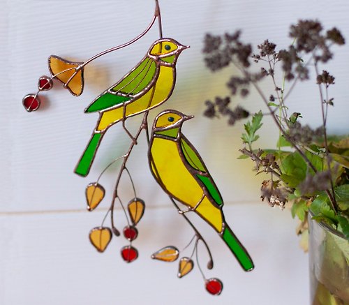 Stained glass windows - birds on a branch.Yellow birds Suncatcher. Window  Decor - Shop HelenGlassArts Wall Décor - Pinkoi