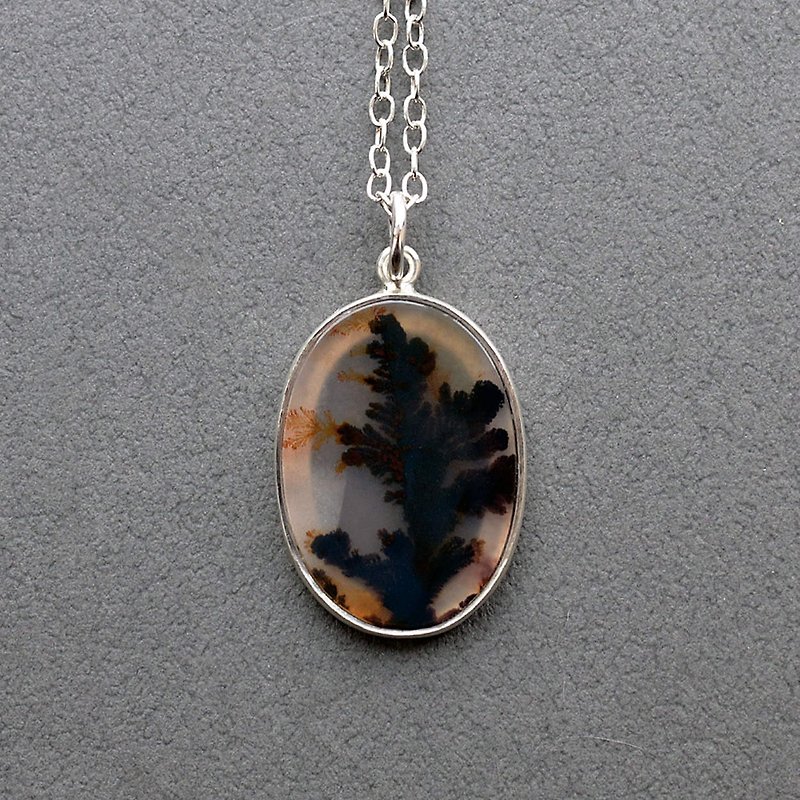 Dendritic Agate Pendant Necklace - Oval - ネックレス - 金属 シルバー