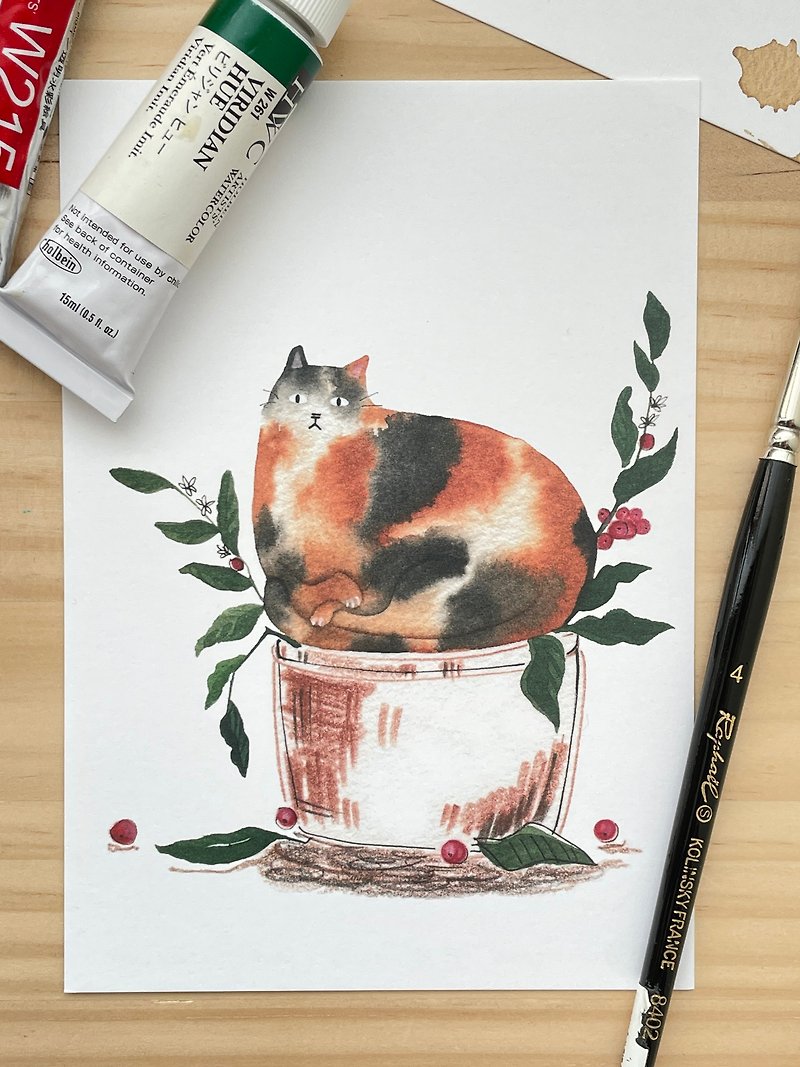 Hand-painted coffee and cat series postcards leaflet - การ์ด/โปสการ์ด - กระดาษ 