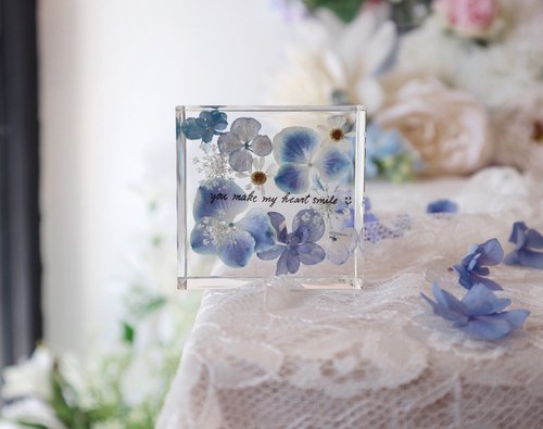 花・時間 HANA and TIME 方形立體真花乾燥花擺設/紙鎮/繡球花/情人節禮物/生日禮物