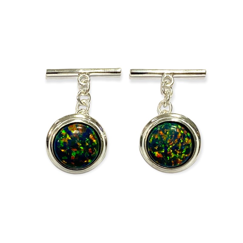 Round Green Gilson Opal Wedding Cufflinks For Groom 925 Sterling Silver - 袖扣 - 純銀 綠色