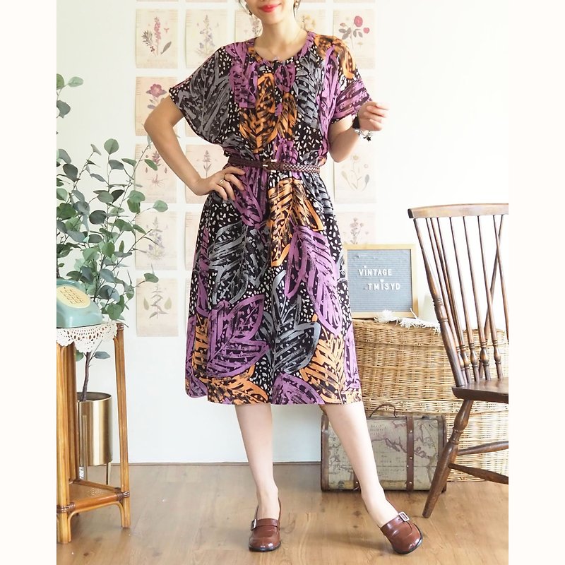 VINTAGE summer dress, Artistic Leaf Print Dress (L) - 洋裝/連身裙 - 聚酯纖維 紫色