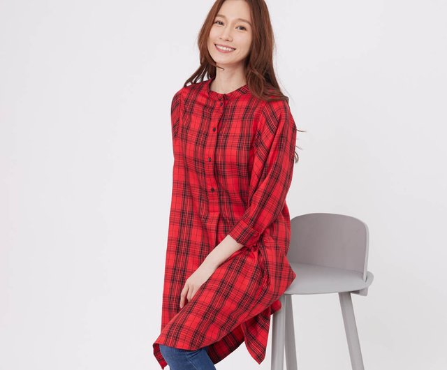 Katy Relaxed Long-Sleeve Glen Plaid Shirt Dress/ Red - Shop so