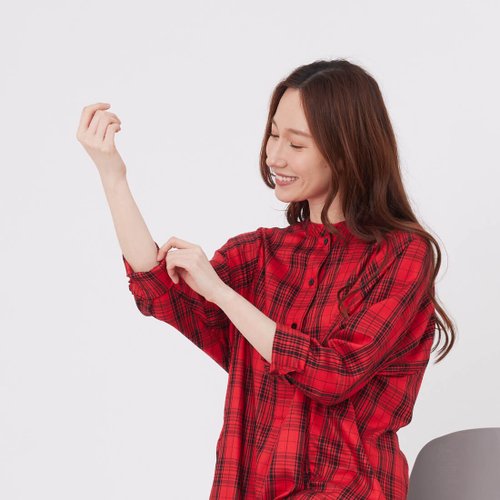 Katy Relaxed Long-Sleeve Glen Plaid Shirt Dress/ Red