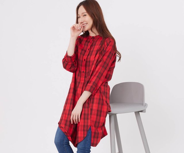 Katy Relaxed Long-Sleeve Glen Plaid Shirt Dress/ Red - Shop so