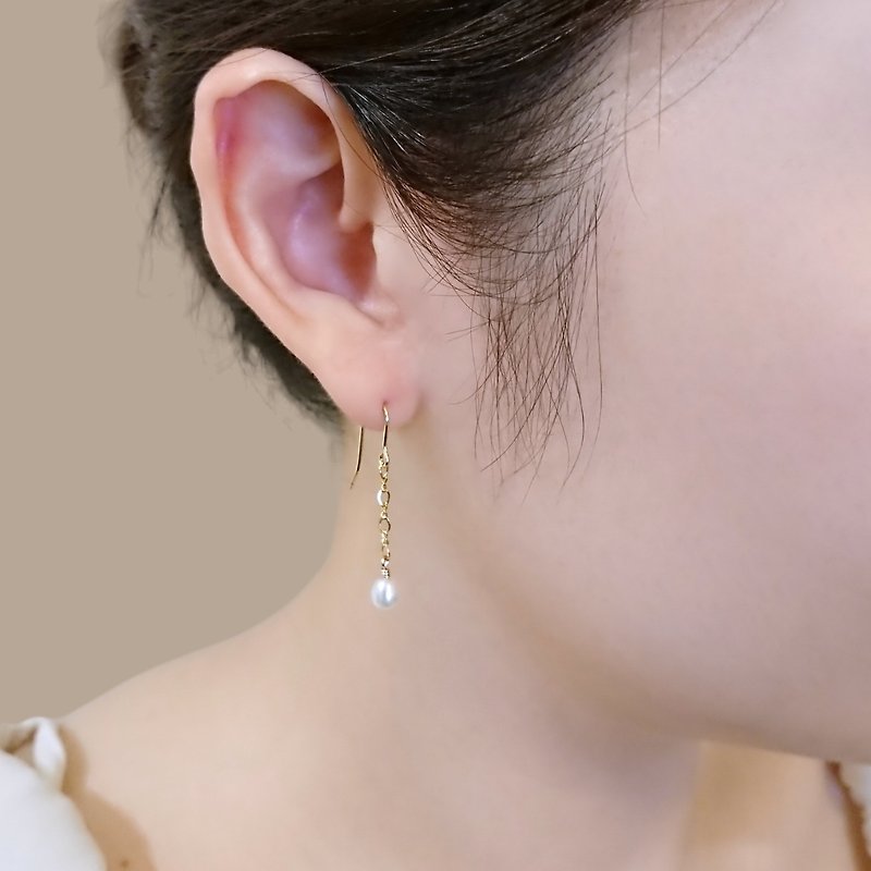 法式優雅  長橢圓淡水珍珠 14Kgf 包金耳環 客製 - 耳環/耳夾 - 珍珠 白色