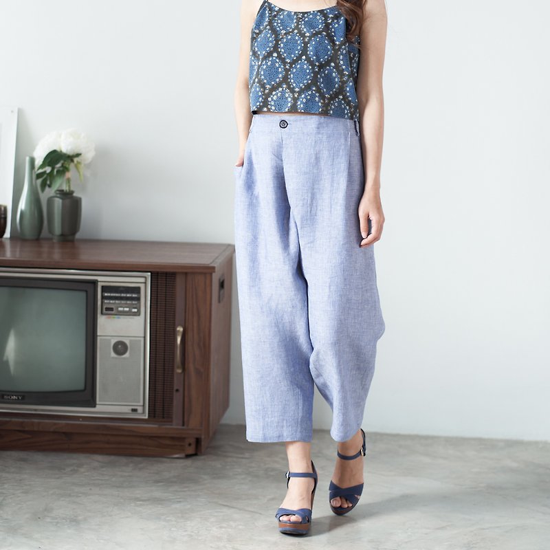Natural Linen Pants with asymmetric button detail - Light Blue - 女長褲 - 亞麻 藍色