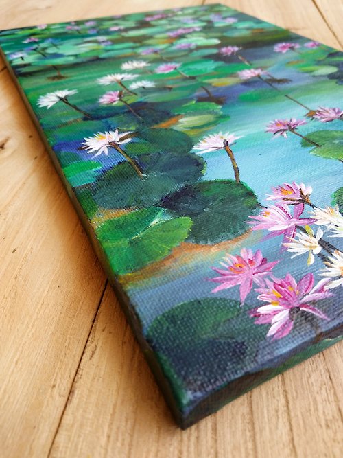 【夏の睡蓮】オリジナルのアクリル画。蓮の池の花が咲きます。