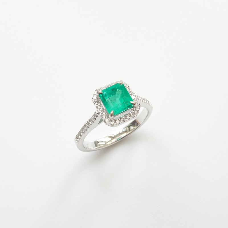 天然祖母綠方形切割微鑲鑽石純 18K 白金戒指