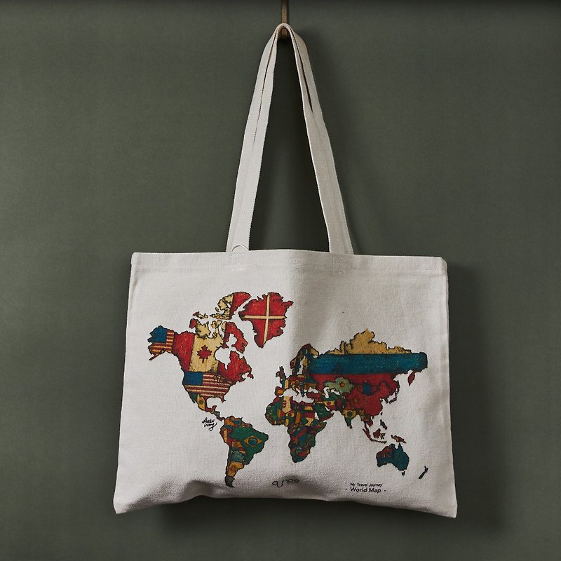 Canvas Tote Bag - World Map - กระเป๋าแมสเซนเจอร์ - ผ้าฝ้าย/ผ้าลินิน ขาว