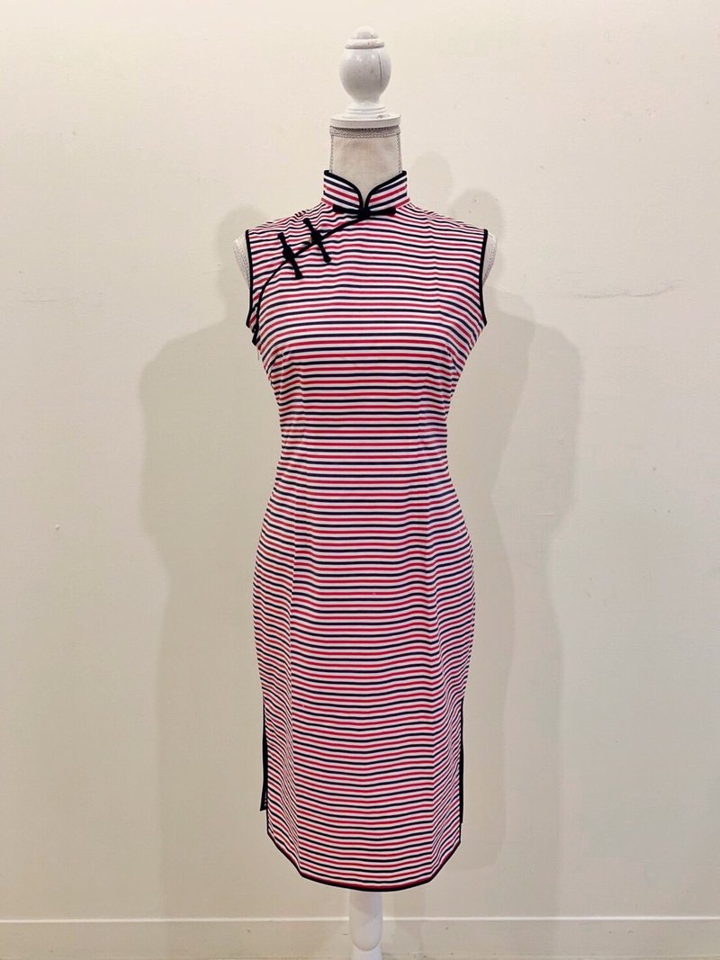 Red, White and Blue Striped Qipao - Qipao - Cotton & Hemp Multicolor