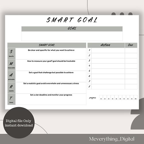 meverything SMART GOAL SETTING TEMPLATE INSTANT DOWNLOAD FOR ACHIEVABLE AND REALISITIC GOAL