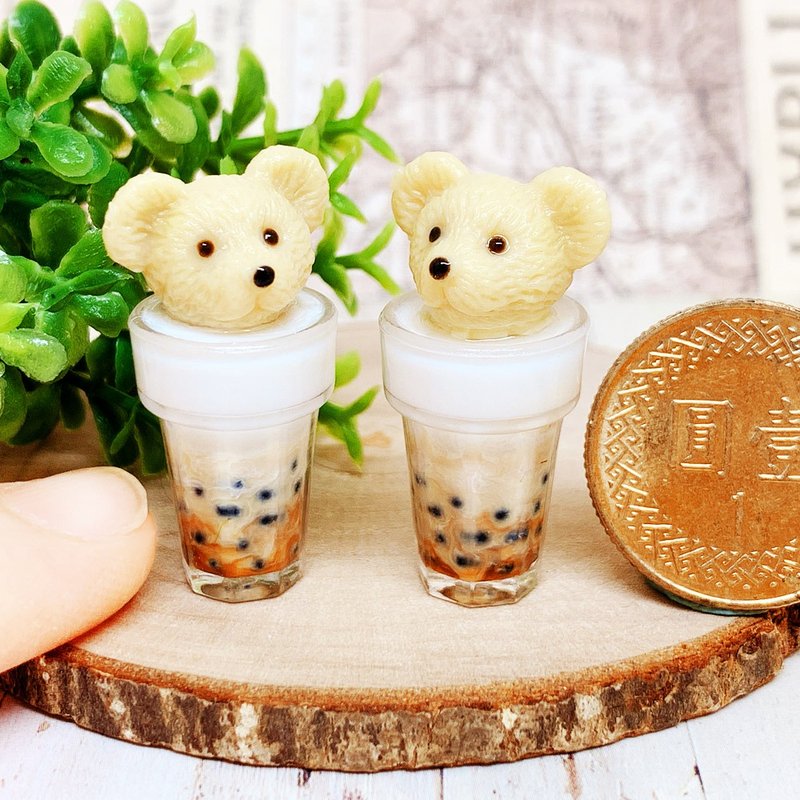 【微距食界】手作 小熊 珍珠奶茶 耳環(單一隻耳朵耳環) - 耳環/耳夾/耳骨夾 - 樹脂 咖啡色