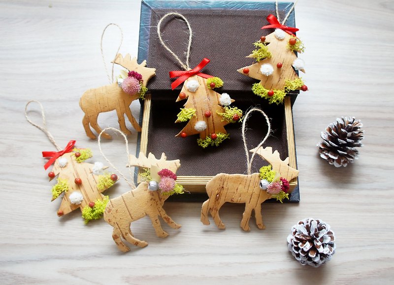 手作北歐風乾燥花裝飾聖誕樹＆麋鹿吊飾/聖誕樹裝飾/聖誕佈置（兩件一組）～ - 擺飾/家飾品 - 植物．花 