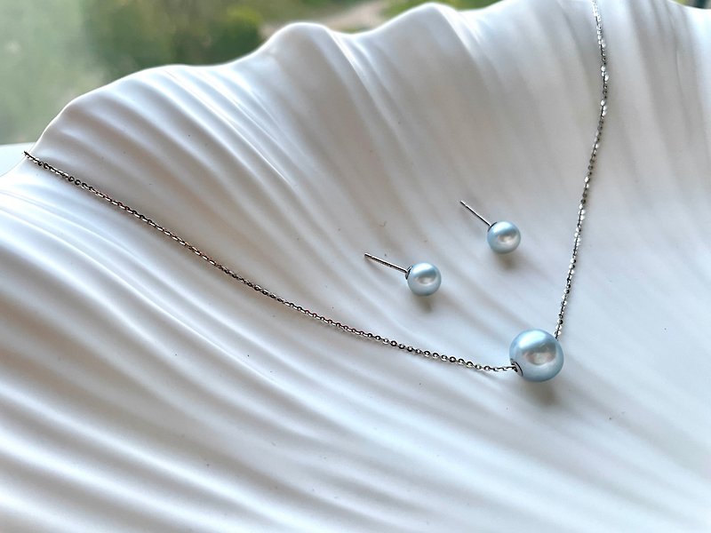 天真藍~天然海水珍珠 真多麻 純銀耳環項鏈套裝 - 項鍊 - 珍珠 透明
