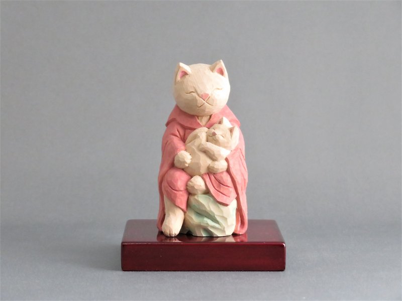 木彫り　猫鬼子母神　猫仏1910 - 公仔模型 - 木頭 粉紅色