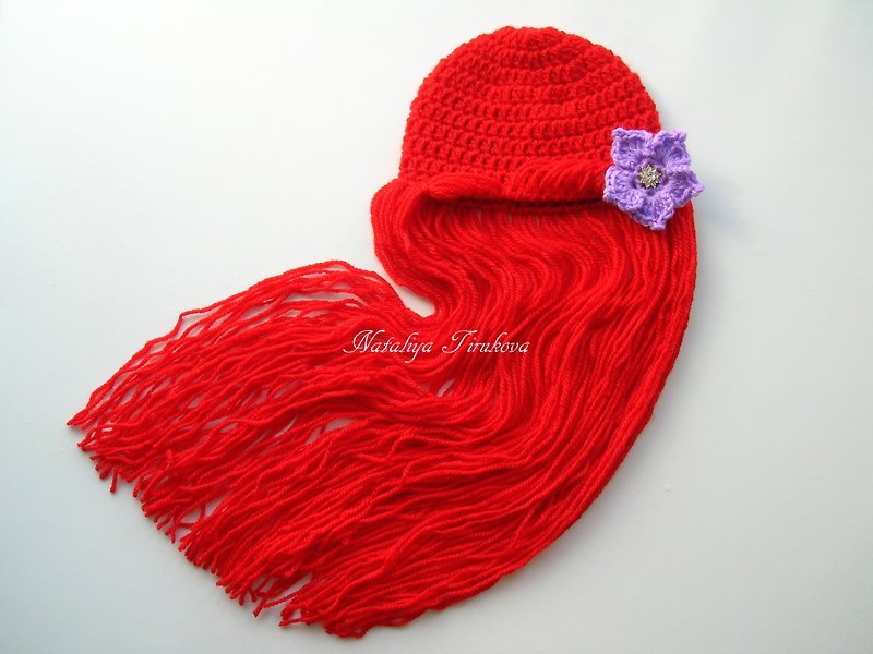 Crochet Princess Ariel Hat | Crochet Halloween Mermaid Wig | - 帽子 - 繡線 紅色