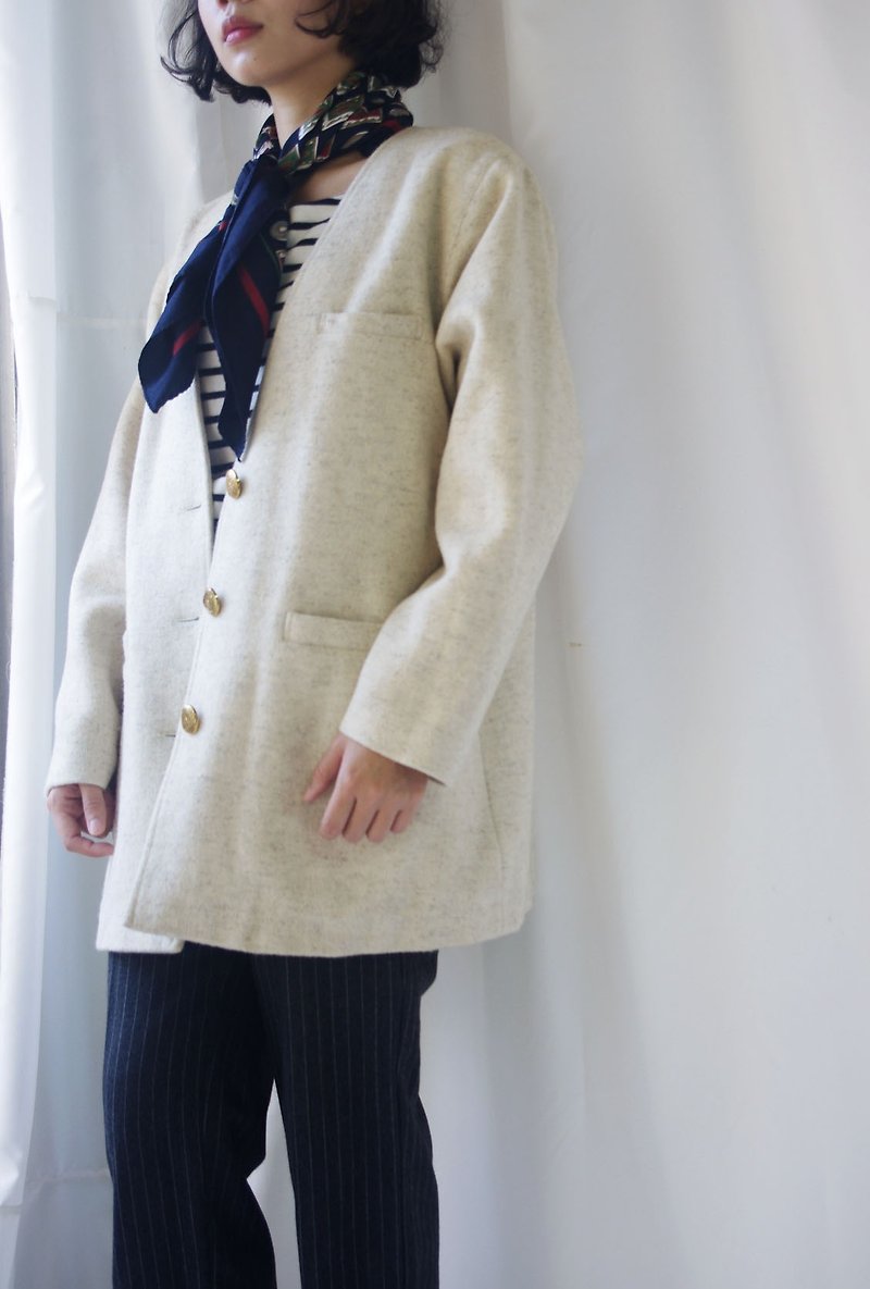 4.5studio- vintage treasure hunt - Snow White V-neck wool coat minimalist - Women's Casual & Functional Jackets - Wool White