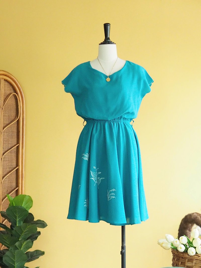 Vintage dress | Size M | Ocean blue leaf embroidery pattern - ワンピース - ポリエステル ブルー