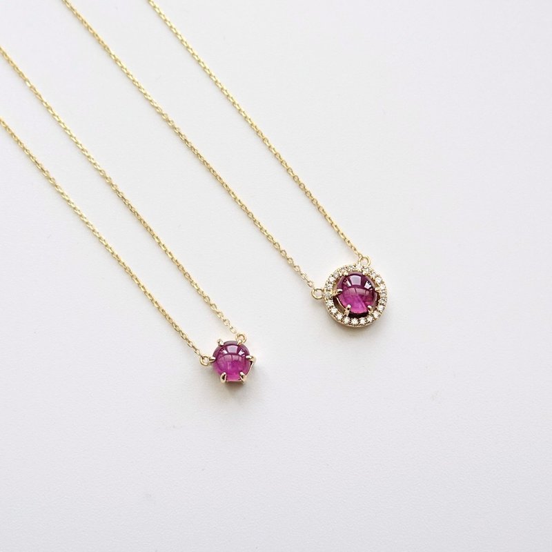 Natural Star Ruby with Asterism, Diamond Halo 18K Solid Yellow Dainty Necklace - สร้อยคอ - เครื่องเพชรพลอย สีแดง