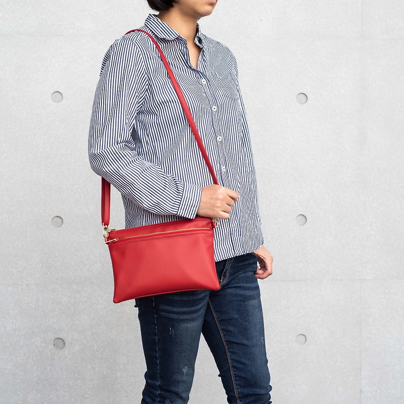 輕鬆隨身雙層側背/手拿包 兩用 Mira Red / 美麗紅 - 手拿包 - 人造皮革 紅色