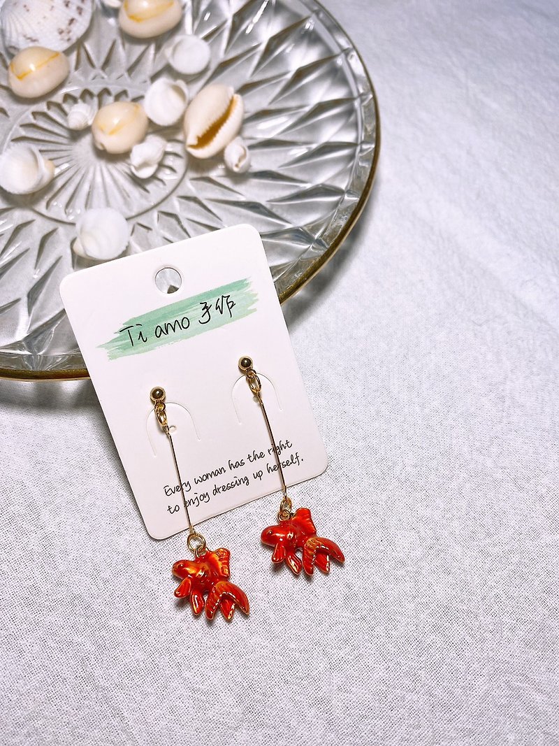 Zhaori Crimson Warm Seeing Fish Hand-made Sterling Silver Earrings - Earrings & Clip-ons - Other Metals Red