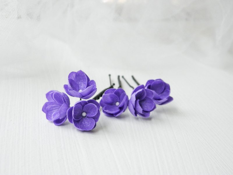 Purple flowers hair pins Small wedding hair clip - เครื่องประดับผม - พืช/ดอกไม้ สีม่วง