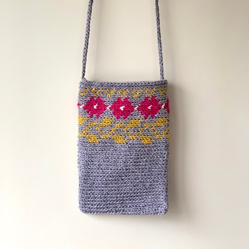 waiii crochet 灰色小清新民族風花花手機袋 / 手工編織棉麻隨身包