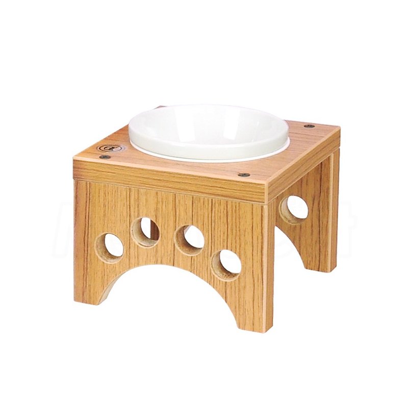 【MOMOCAT】Single-mouth Small Dog and Cat Dining Table Gold Teak Bowl Rack with Porcelain Bowl - Pet Bowls - Wood 