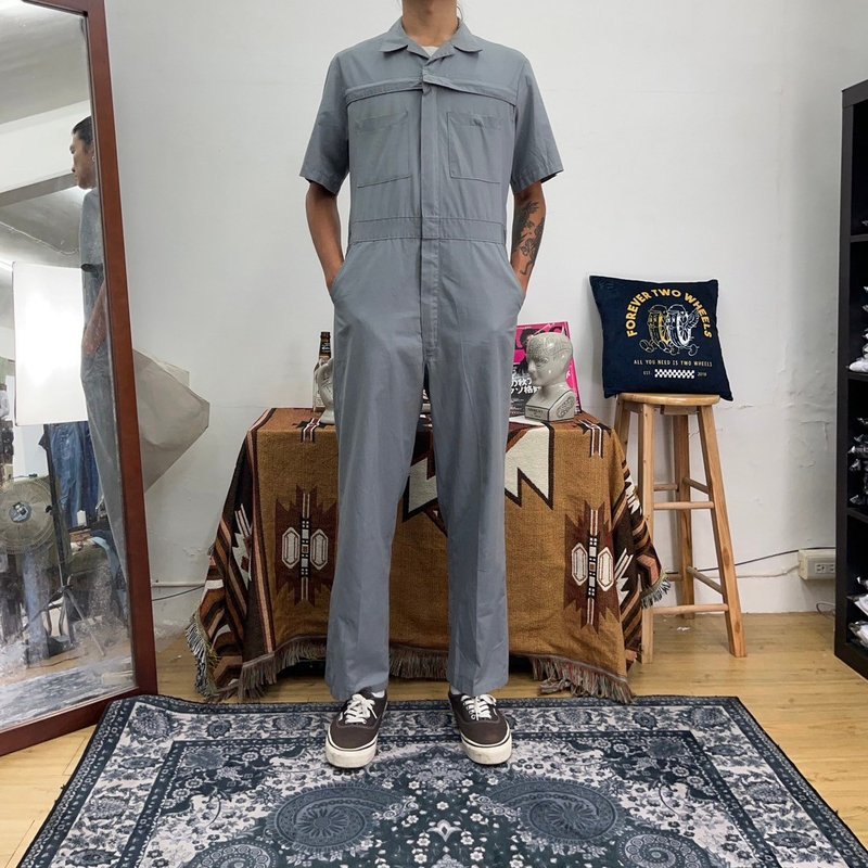 DICKIES 鐵灰 短袖 連身工作服 COVERALLS 胸前十字拉鍊 古著 - 男長褲/休閒褲 - 棉．麻 灰色