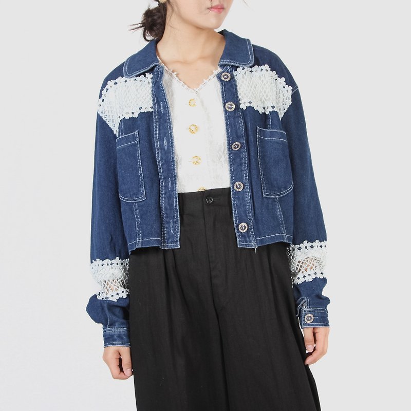 [Egg plant ancient] 12th house lace stitching vintage denim jacket - เสื้อแจ็คเก็ต - ผ้าฝ้าย/ผ้าลินิน สีน้ำเงิน