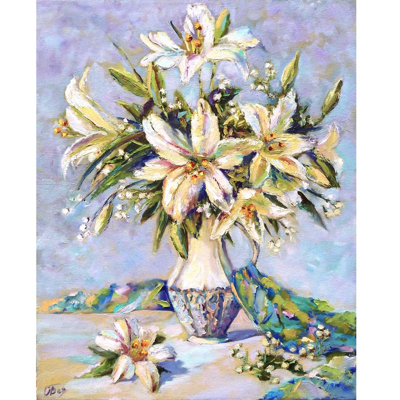 White lily painting on canvas- Original floral art- Flowers still life 40 x 50 - 海報/掛畫/掛布 - 棉．麻 透明
