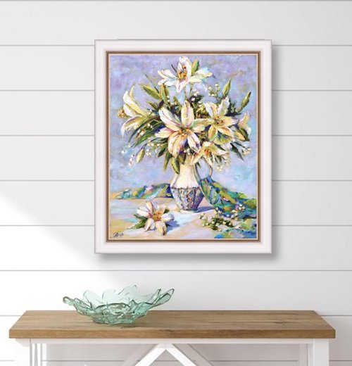 キャンバスに白いユリの絵-オリジナルの花のアート-花の静物 キャンバスに白いユリの絵-オリジナルの花のアート-花の静物