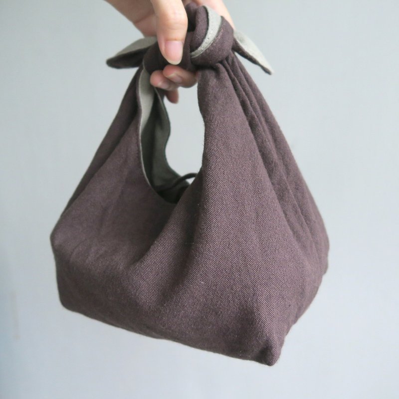 棉麻雙面便當袋 | 煙燻紫x秋香灰 - 手袋/手提袋 - 棉．麻 黃色