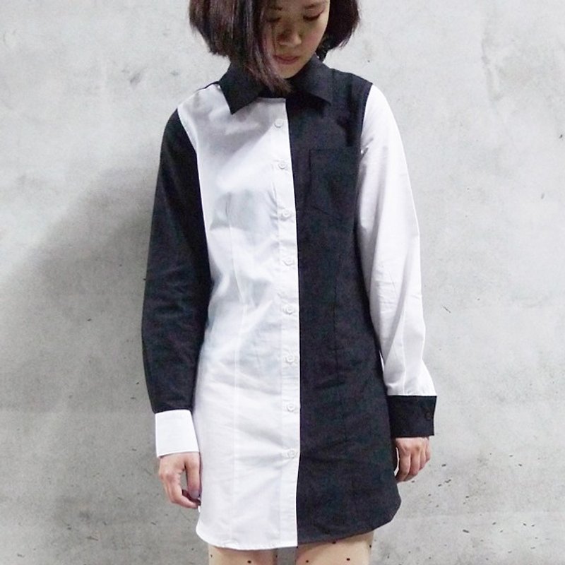 Black and white contrast patchwork long-sleeved shirt dress - เสื้อเชิ้ตผู้หญิง - ผ้าฝ้าย/ผ้าลินิน ขาว