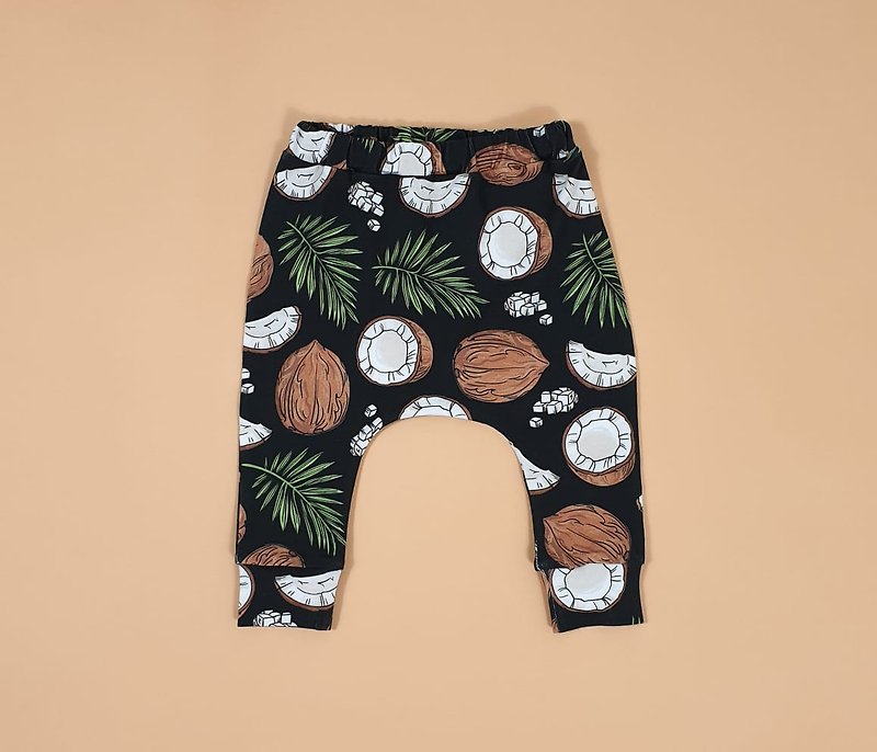 Coconuts on black baby pants, baby pants, baby girl pantst, baby boy pants - 男/女童長褲/短褲 - 棉．麻 多色
